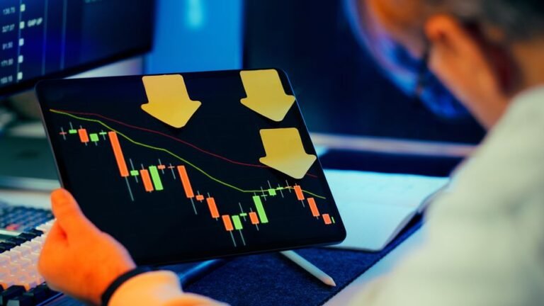 Stock market crash board showing ETF prices dropping sharply during financial downturn